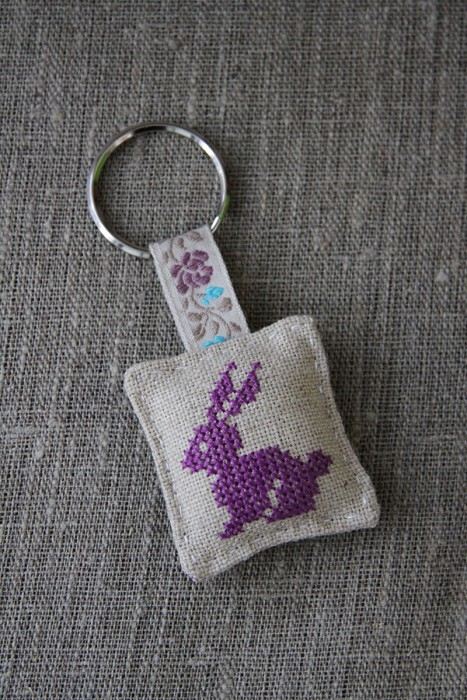 Cross-stitched Linen Key Ring (rabbit In Purple) - Gift, Keychain on Luulla